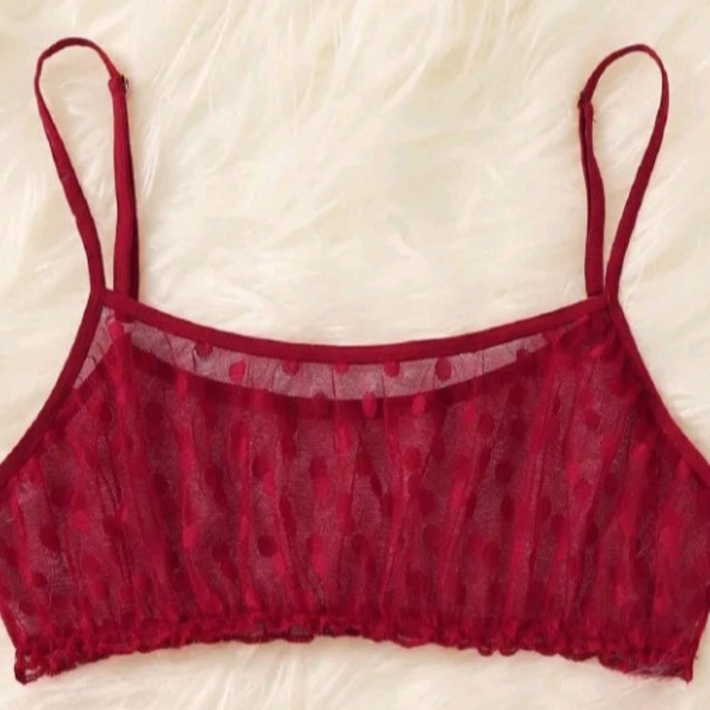 Red Polka Dot Lingerie Set • Mesh Bikini Style Lingerie Outfit - Picture 3 of 11